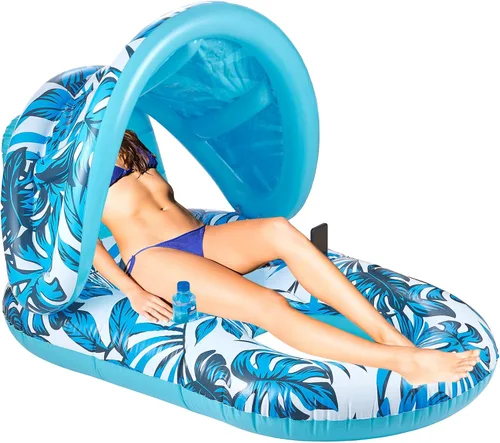 Flotador inflable para piscina con dosel, cómodo salón reclinable, parasol y portavasos | Balsa portátil de protección UV para verano, diseño