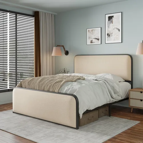 Miniatura 15 de SOFTSEA Cama de plataforma de tamaño matrimonial con nido, cama matrimonial tapizada con cabecero curvado para niños, adolescentes, invitados, tela
