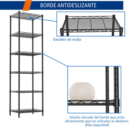 Miniatura 6 de REGILLER Estantería de alambre de acero de 6 niveles, unidad de almacenamiento con estantes ajustables para lavandería, baño, cocina, despensa, Negro