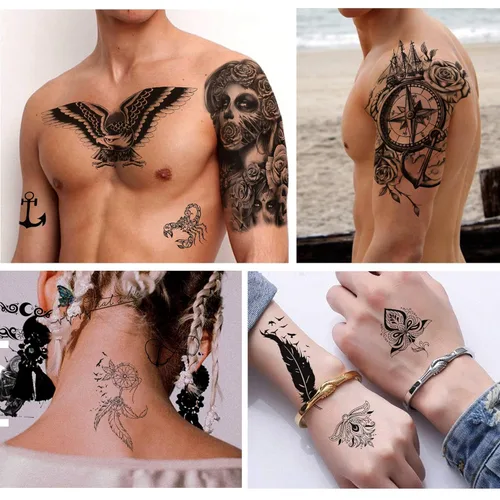 Miniatura 4 de Yazhiji 32 hojas de pegatinas de tatuajes temporales, 8 hojas de tatuajes falsos corporales para brazo, pecho y hombro para hombres y mujeres con 24