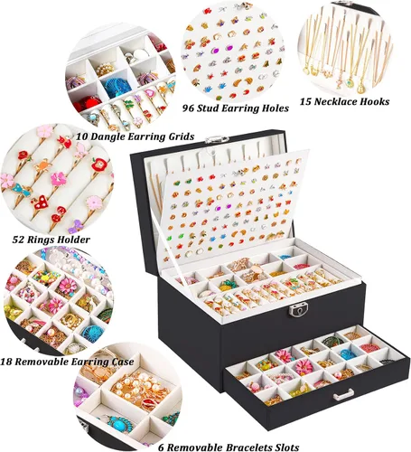Miniatura 189 de Joyero de pendientes para mujeres y niñas, organizador de aretes de 5 capas, caja organizadora de joyas blanca con candado, collares y aretes