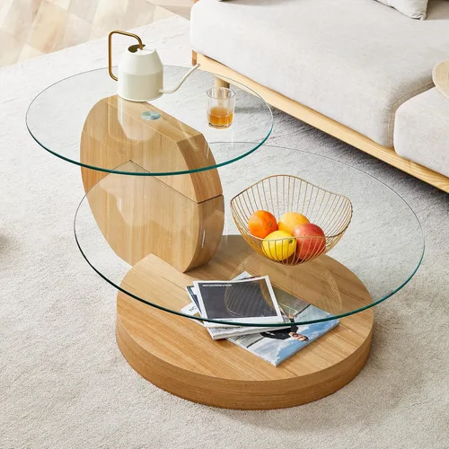 Miniatura 17 de Mesa de centro de vidrio de 35.4 pulgadas, mesa de centro redonda pequeña, mesa de vidrio templado de 2 niveles con base de madera, mesa central