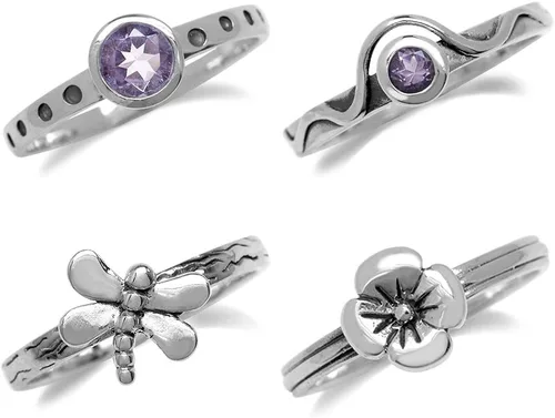 Miniatura 2 de Silvershake Juego de 4 anillos apilables de plata de ley 925 con piedras preciosas de libélula y flores para mujer, múltiples formas de uso
