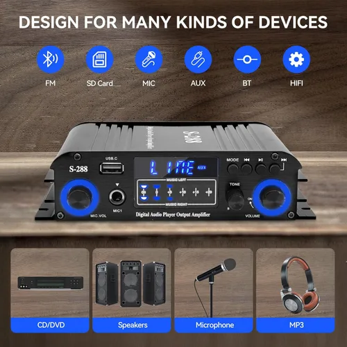 Miniatura 2 de Receptores estéreo de 4 canales, amplificador de audio para el hogar Bluetooth 5.0, RMS 50Wx4 Máx 1200W amplificador de potencia HiFi, USB/SD/FM