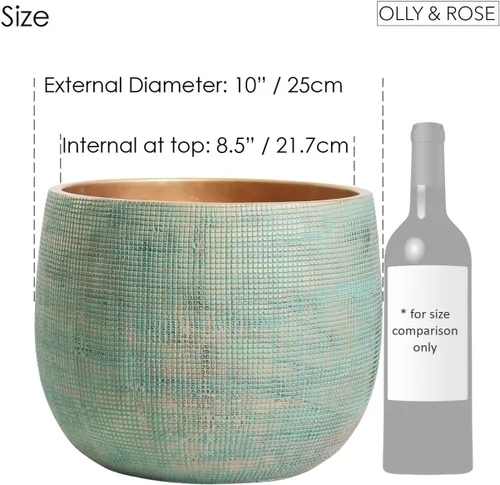 Miniatura 3 de Olly & Rose Bali - Maceta de cemento de cerámica de 10 pulgadas, macetas para interiores y exteriores, jardín y maceta Dorado verde azulado