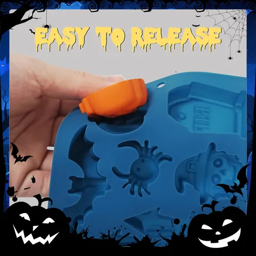 Miniatura 5 de Sidosir 2 moldes de silicona para gomitas de chocolate con castillo de Halloween, calabaza, murciélago, araña para postre de mousse, momia