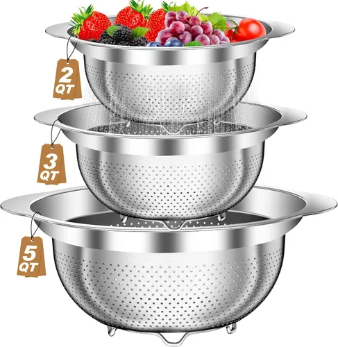 Miniatura 8 de Colador, colador de acero inoxidable con cuencos para mezclar (3.5 cuartos de galón), 3 coladores para utensilios de cocina, cesta de colador