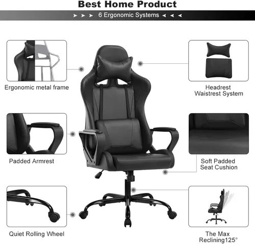 Miniatura 4 de Silla ergonómica para videojuegos, silla de oficina de piel sintética con respaldo alto y soporte lumbar ajustable y reposacabezas - Silla giratoria