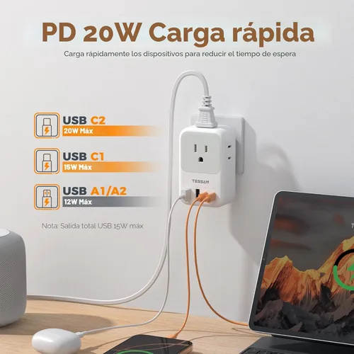 Miniatura 2 de TESSAN Bloque de cargador USB C de 20 W PD, adaptador de carga rápida con enchufe plegable, extensor de toma de corriente de 1875 W (4 CA y 4 USB)
