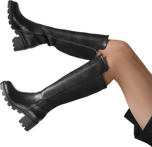 Miniatura 8 de DREAM PAIRS Botas altas hasta la rodilla para mujer, cómodas botas elásticas con plataforma y punta redonda para mujer