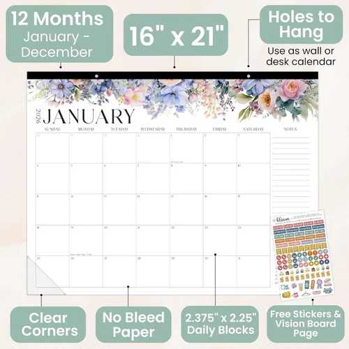 Miniatura 3 de bloom daily planners Calendario de Escritorio GRANDE 2026 - Calendario de Pared XL de Enero a Diciembre - 21" x 16" Planificador Mensual de Florales