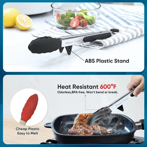 Miniatura 3 de Paquete de 5 pinzas de silicona para cocinar, 4 pinzas de cocina de 13 pulgadas con puntas de silicona, pinzas de acero inoxidable antiadherentes