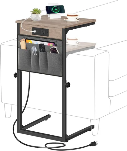 Miniatura 11 de HOOBRO Mesa auxiliar en forma de C con estación de carga, mesa auxiliar de sofá de altura ajustable de 30 pulgadas con bolsillo de almacenamiento