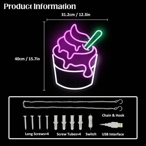 Miniatura 3 de Letrero de neón de helado rosa y blanco Sundae, luces LED de neón, letreros de cupcake de neón para decoración de pared de negocios, letreros LED