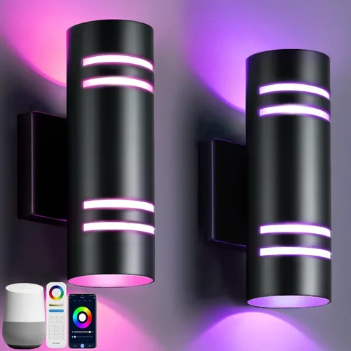 wowlite Luces de Pared Exteriores para Casa, Control Remoto Inteligente RGBCW Luces de Arriba y Abajo, Aplique Exterior RGB de Cambio de Color,