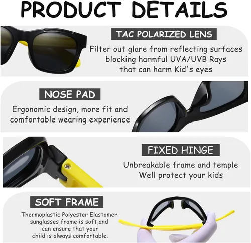 Miniatura 5 de DUCO Gafas de sol polarizadas para niños, lindas gafas de sol irrompibles para niños, protección UV400 para niños de 6 a 10 años, K019