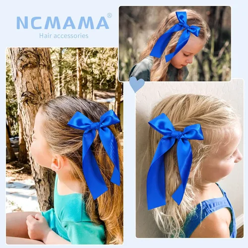 Miniatura 5 de 2 piezas de lazos largos de cinta para niñas, clip de pelo de seda, lazo de cinta para el pelo, accesorios para el cabello para bebés, niños Azul
