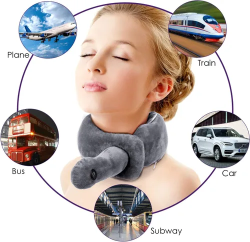 Miniatura 5 de Almohada de viaje/masaje de cuello con vibración, almohada de avión, portátil, funciona con pilas, almohada vibratoria ajustable para aliviar