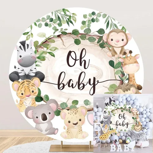 Telón de fondo redondo de animales de la selva Oh Baby de 3 x 3 pies, diseño de jirafa, elefante, mono, fotografía, telón de fondo, para recién