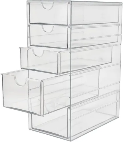 Miniatura 7 de Cajón de plástico con 5 cajones de diferentes tamaños, organizador de accesorios para el cabello gris claro transparente, organizador de baño