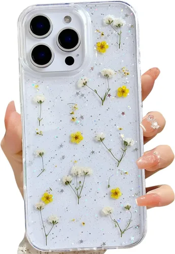 Miniatura 14 de LSEEKA Funda transparente para iPhone 13 Mini/iPhone 12 Mini con diseño de flores reales prensadas, con purpurina, bonito patrón floral blanco, Oro