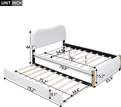 Miniatura 2 de SOFTSEA Cama de plataforma de tamaño matrimonial con nido, cama matrimonial tapizada con cabecero curvado para niños, adolescentes, invitados, tela