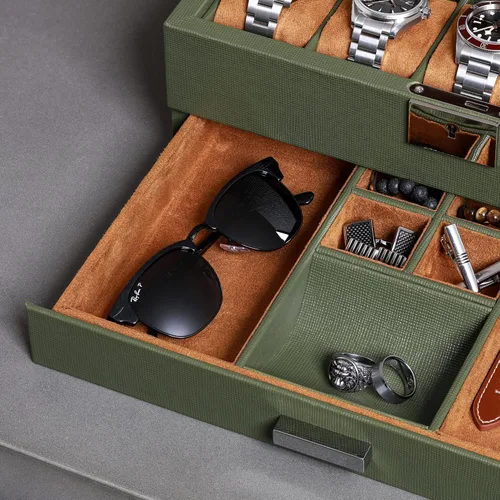Miniatura 46 de ROTHWELL Caja de reloj de cuero de 10 ranuras con cajón de valet, organizador de exhibición de lujo con forro de microgamuza ultrasuave, soporte