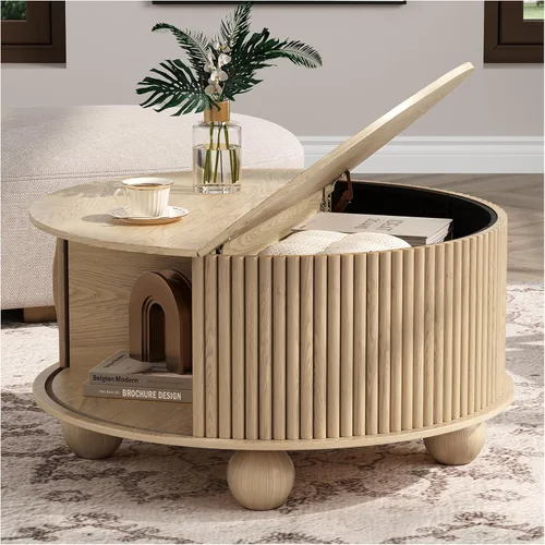 Miniatura 20 de Mesa de centro elevable con almacenamiento, mesa de centro moderna de mediados de siglo con patas de madera maciza, mesa central minimalista Roble