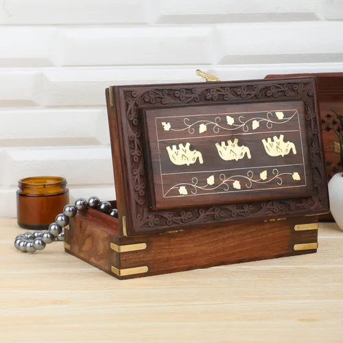 Miniatura 4 de Ajuny Joyero de madera de 8 x 5 Diseño de elefante hecho a mano con incrustaciones de latón, organizador de recuerdos y baratijas decorativo