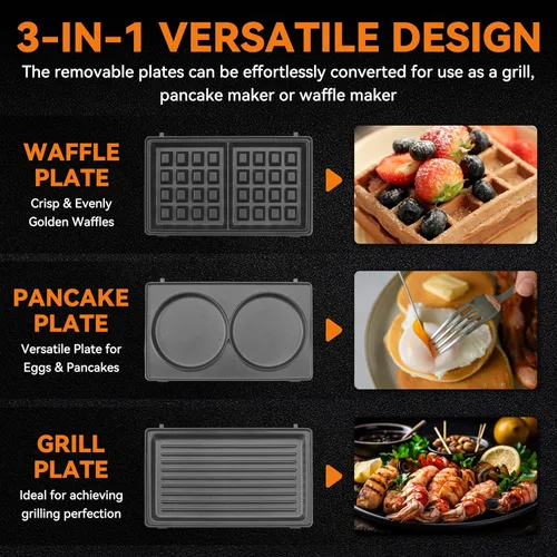 Miniatura 2 de Baker's Friend Mini Waflera 3 en 1 con Placas Extraíbles, Mini Máquina para Hacer Panqueques, Máquina para Hacer Queso a la Parrilla, Prensa