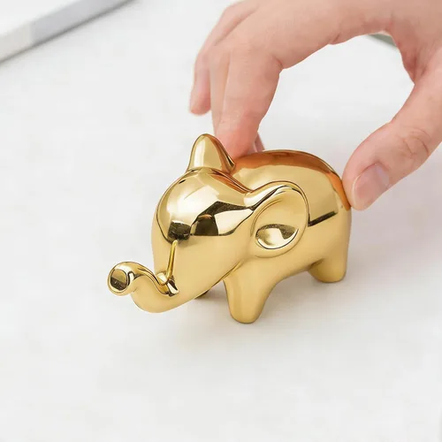 Miniatura 3 de OwMell Decoración de elefante de buena suerte para el hogar, pequeña estatua de elefante de cerámica para decoración del hogar, chapada en oro