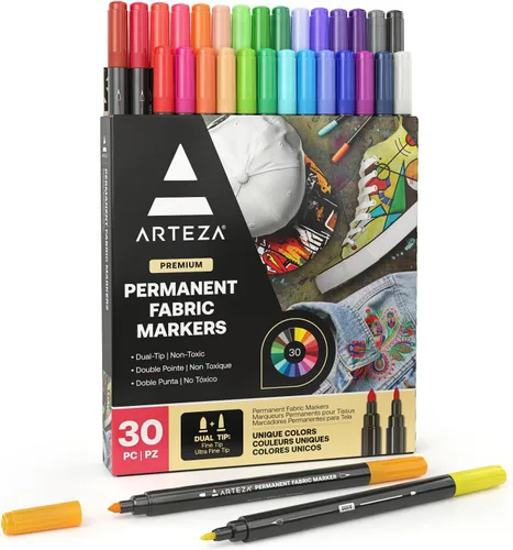 Arteza Marcadores de pintura de tela, juego de 30, marcadores textiles permanentes de doble punta, colores surtidos, suministros de arte para
