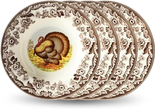 Spode Woodland - Plato de sopa de pavo – Cuenco de loza fina de 9 pulgadas con borde de flores británicas, versátil para sopa, pasta y ensalada –