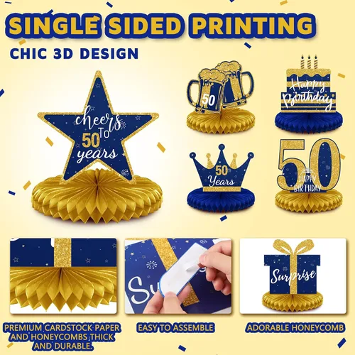 Miniatura 6 de Spakon 8 Piezas Decoraciones de Mesa Centros de Mesa de Panal con Purpurina Adornos de Mesa Decoraciones de Fiesta para Hombres y Mujeres Azul dorado