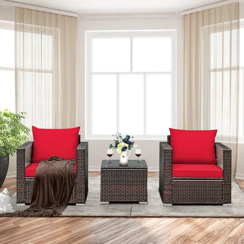 Miniatura 4 de COSTWAY Juego de muebles de patio de 3 piezas, sofá de mimbre para exteriores con cojines y mesa de centro con vidrio templado, juego moderno de Rojo