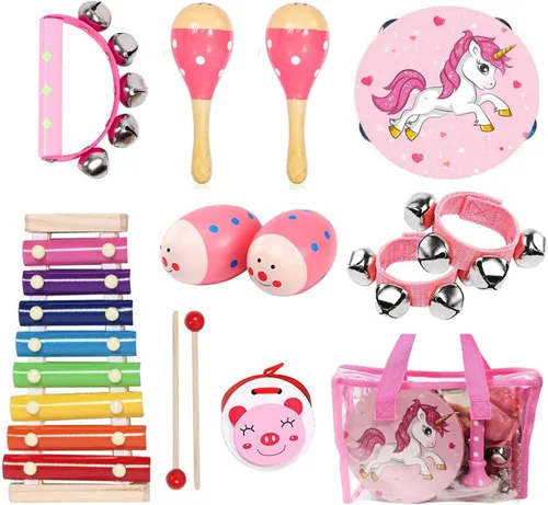 Juegos de instrumentos musicales para niños, juguete musical no tóxico, instrumentos de percusión de madera, juguetes de pandereta xilófono para