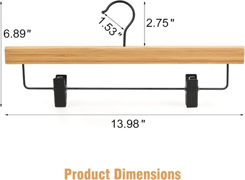 Miniatura 2 de TOPIA HANGER Perchas para pantalones, paquete de 10 perchas de bambú con clips negros y gancho giratorio, perchas duraderas de madera natural