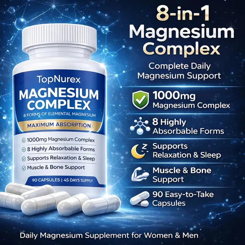 Miniatura 3 de Top Nurex - Suplemento complejo de magnesio para mujeres y hombres, 1000 mg de absorción máxima, 8 formas de magnesio que incluyen glicinato