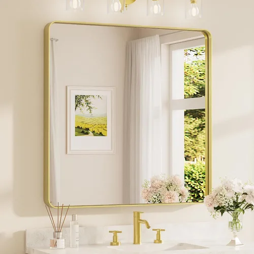 Miniatura 17 de TETOTE Espejo de marco dorado cepillado de 16 x 24 pulgadas, espejo de tocador de baño de latón dorado para pared, espejo enmarcado rectangular