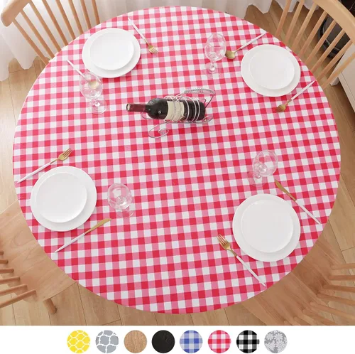 Miniatura 10 de Mantel redondo de vinilo de plástico ajustable con parte trasera de franela y borde elástico, protector de mesa impermeable para mesa de comedor