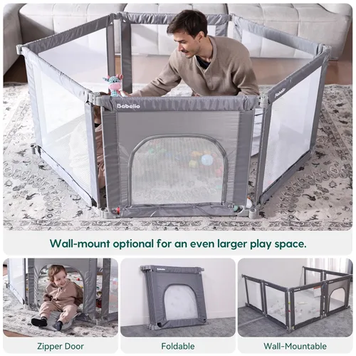 Miniatura 2 de Babelio Corralito Montable en Pared, Corralito Plegable para Bebés y Niños Pequeños - Forma y Área Ajustables, Corralito de 62 * 31" con Puerta