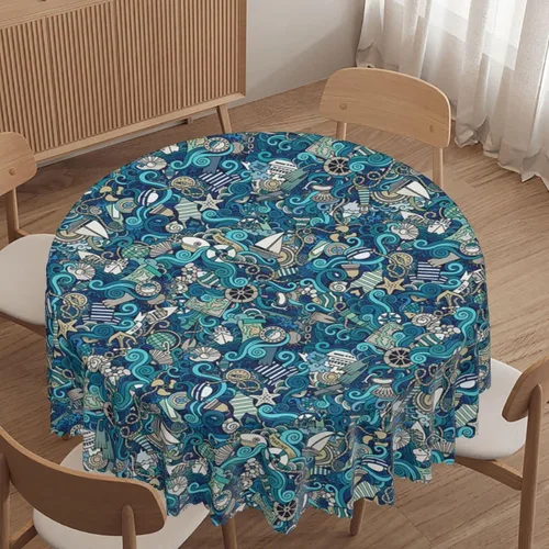 Miniatura 10 de Mantel redondo con patrón náutico, tela impermeable, reutilizable, lavable, a prueba de derrames, resistente a las arrugas, para cocina, boda