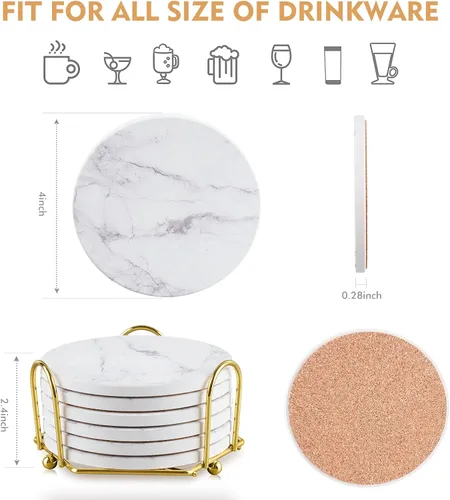 Miniatura 4 de Posavasos para bebidas con soporte dorado, juego de posavasos absorbentes de mármol con base de corcho para protección de mesa