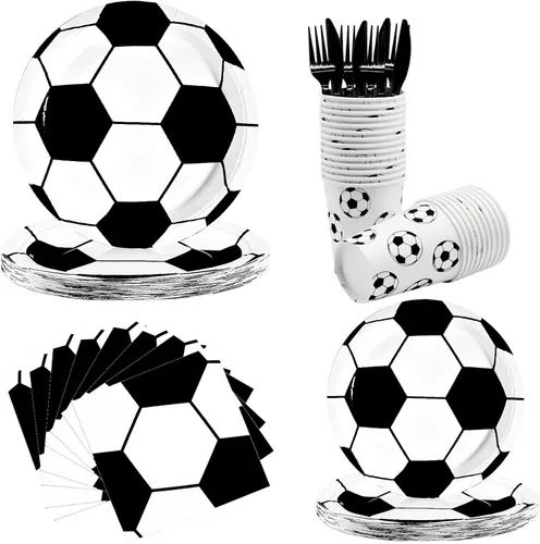 Juego de vajilla de 144 piezas para fiesta de fútbol, para 24 invitados, incluye platos de papel, servilletas, tazas, cuchillos, tenedores para