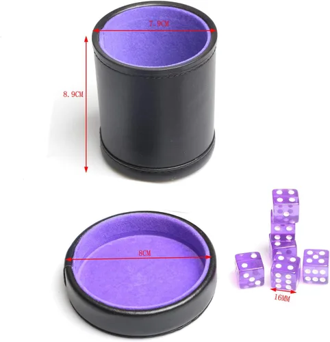 Miniatura 4 de Taza de dados de piel sintética con forro de terciopelo morado con tapa, incluye 6 dados translúcidos morados para mentirosos dados Farkle Yahtzee