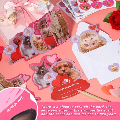 Miniatura 4 de Funrous 36 tarjetas de San Valentín para oler arañazos de animales para regalo del día de San Valentín, tarjetas perfumadas de fresa, sobres