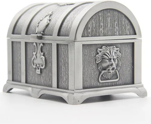 Caja de joyería rectangular de metal vintage con diseño de tesoro para niñas, damas, mujeres, tamaño mediano, color estaño