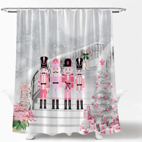 Miniatura 2 de Cortina de ducha rosa de Navidad, árbol de Navidad y caja de regalo de bola de Navidad sobre fondo gris, copo de nieve de invierno, festival