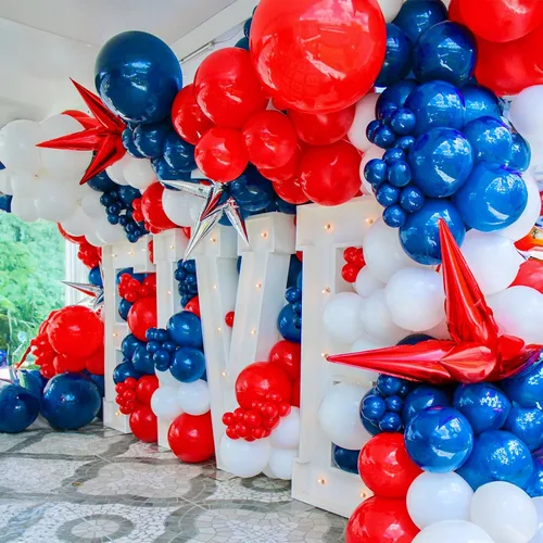 Miniatura 6 de Globos Rojos, Blancos y Azules, 12 Pulgadas, Globos de Helio de Látex con Confeti Metálico Perlado Azul Rojo Blanco para Jubileo de Platino Azul