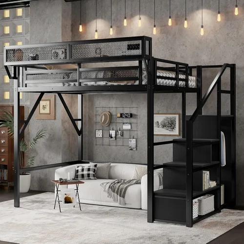 Miniatura 17 de KEIKI Estructura de Cama Loft de Metal Tamaño Twin con Escalera Convertible, Estantes de Almacenamiento Integrados y Armario, Cama Loft con Listones